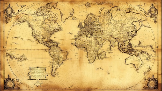 Sepiatoned vintage world map with elaborate borders