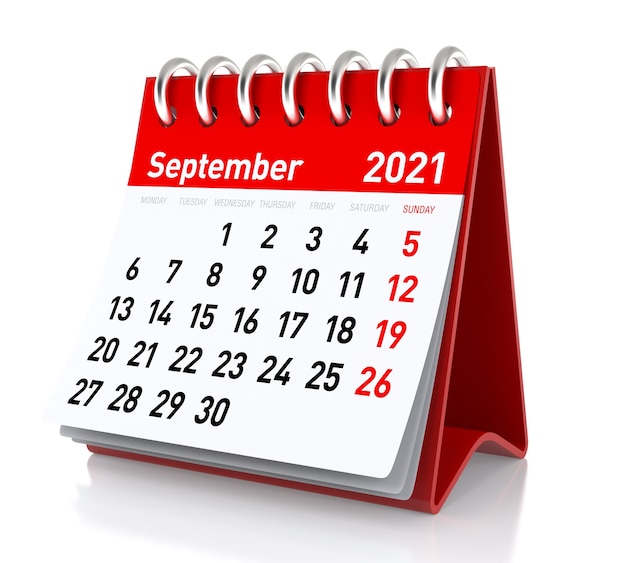 September 2021 Calendar. Isolated on White Background. 3D Illustration