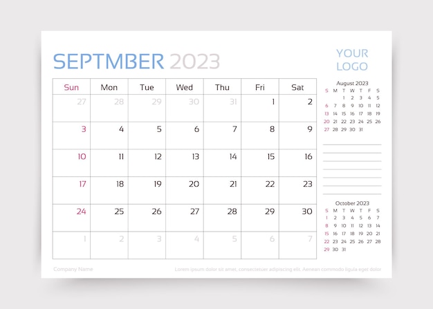 September 2023 year calendar Desk monthly planner template Vector illustration