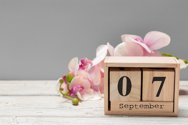 September 7th. Image of september 7 wooden color calendar on wooden table. Autumn day. Empty space for text