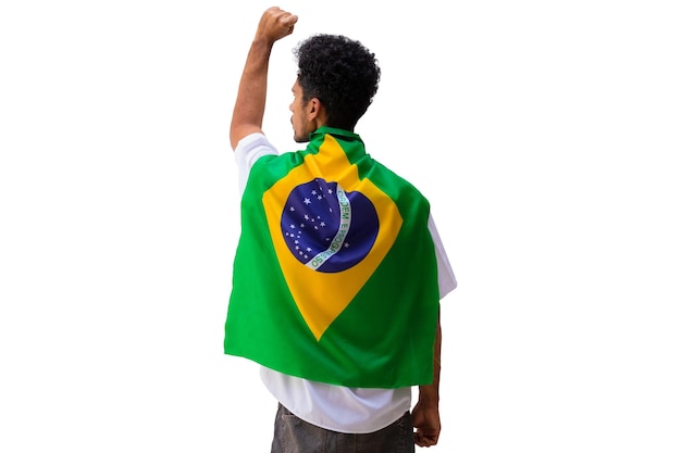 September seven Brazil Independence Day Black man holds Brazilian flag isolated