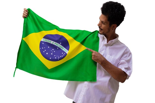 September seven Brazil Independence Day Black man holds Brazilian flag isolated