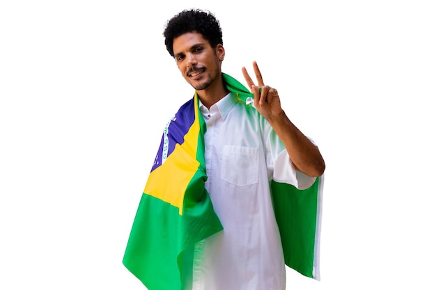 September seven Brazil Independence Day Black man holds Brazilian flag isolated