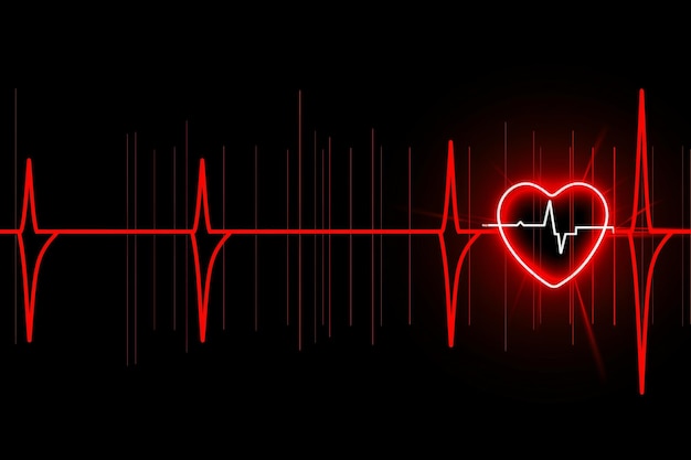 Photo sequence of beating red heart with pulse line on black medical care and health