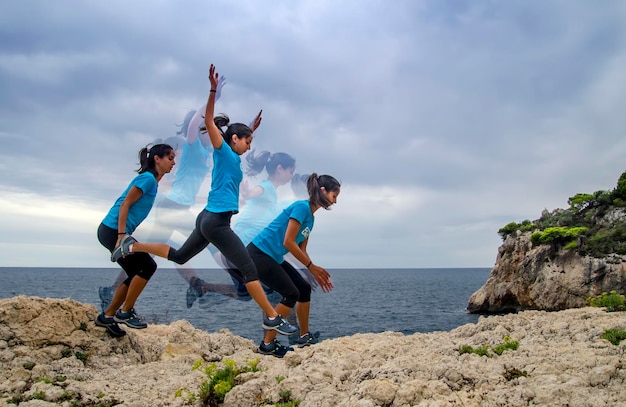 Sequence of a girl jumping in the cliff