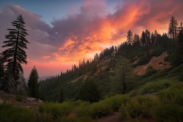 Sequoia forest at sunset with colorful sky and clouds