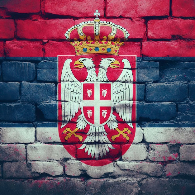 Serbia flag overlay on old granite brick and cement wall texture for background use