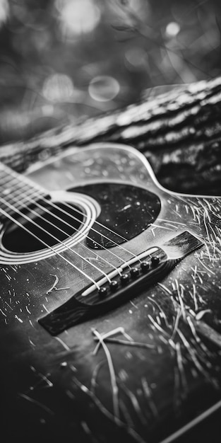 Photo serenade in the woods black and white acoustic guitar resting on a tree branch in nature