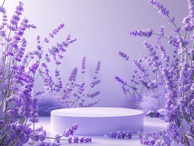 Serene 3D illustration of a lavender podium surrounded by a purple floral backdrop featuring a natureinspired platform stand displaying a seasonal product The design incorporates elements of