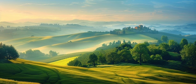 Serene 8K UHD image of a rolling countryside landscape with green fields and a blue sky perfect for pastoral themes