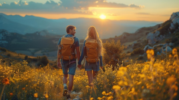 Serene Adventures Couple Embracing Nature on Scenic Mountain Hike Canon EOS R5 Photography