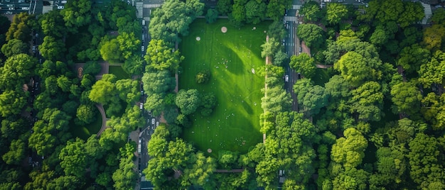 Photo serene aerial view of an expansive city park blanketed in vibrant greenery