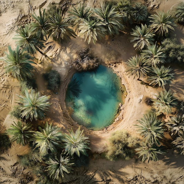 Photo serene aerial view of an oasis surrounded by desert palms and sand dunes