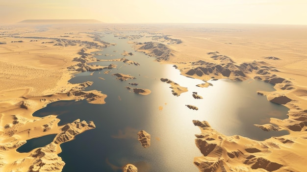 A serene aerial view of a winding river cutting through a vast desert landscape under the golden light of the sun evoking tranquility and isolation