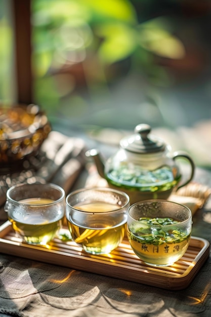 A serene afternoon tea session with green tea and herbal infusion served in glass cups on a wooden t