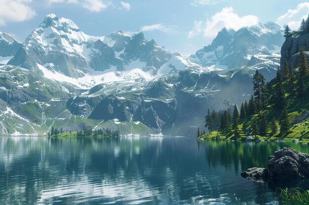 A serene alpine lake nestled between snowcapped pe