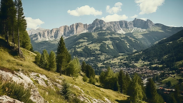 Serene Alpine Village Nestled in Verdant Valleys Beneath Majestic Mountain Peaks