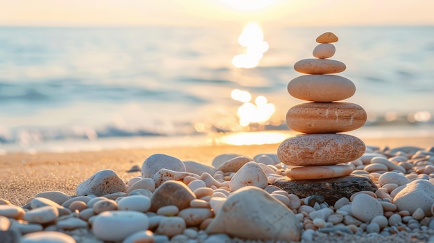 Serene ambiance as stones rest against golden beach sunset