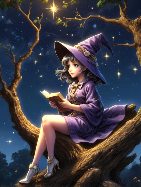 Serene Anime Girl Reading Under the Moonlit Tree