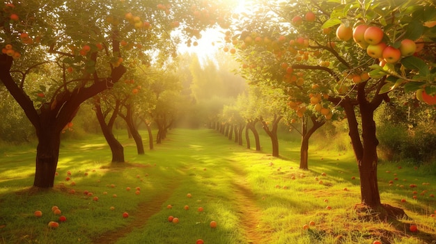 A serene apple orchard at sunrise with rays of light filtering through the trees