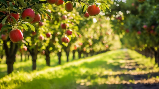 Photo a serene apple orchard with ripe fruit hanging from trees along a grassy path