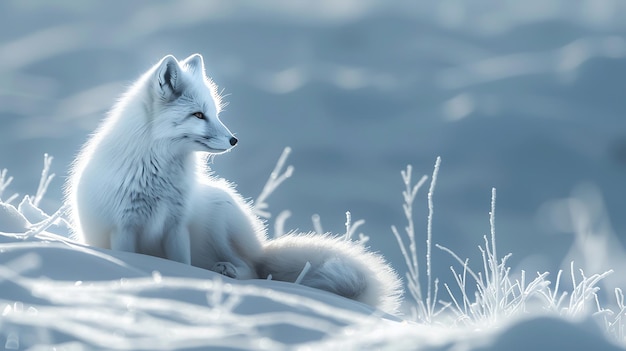 Photo a serene arctic fox rests gracefully in a snowy landscape showcasing its beautiful white fur against the soft winter backdrop