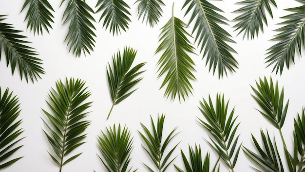 A serene arrangement of green palm leaves on a white background