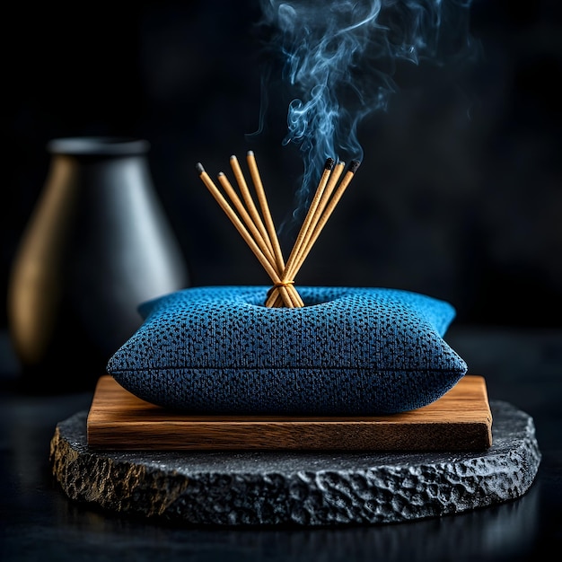 Photo serene arrangement of incense sticks and meditation cushion for tranquil mindfulness practice