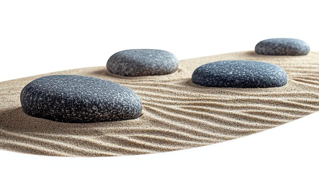 A serene arrangement of smooth stones on a bed of soft sand creating a tranquil and minimalist aesthetic in nature