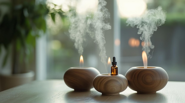 A serene arrangement of wooden candleholders and an essential oil bottle exuding soothing scents indoors at sunset