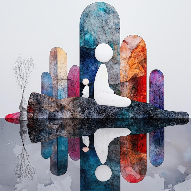 Photo a serene artistic representation of abstract figures meditating amidst colorful