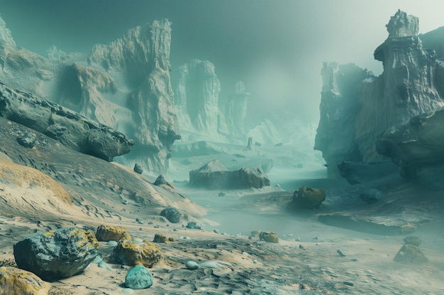 Serene atmospheric alien landscape featuring towering rock formations amidst a foggy ambience