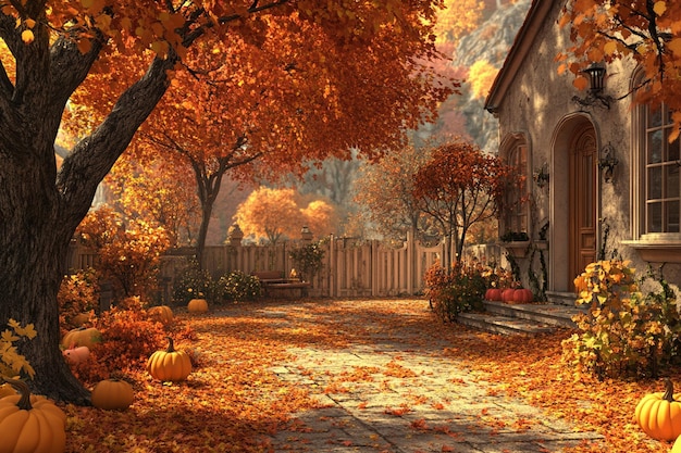 Photo a serene autumn atmosphere envelops the backyard of a charming house ai photo