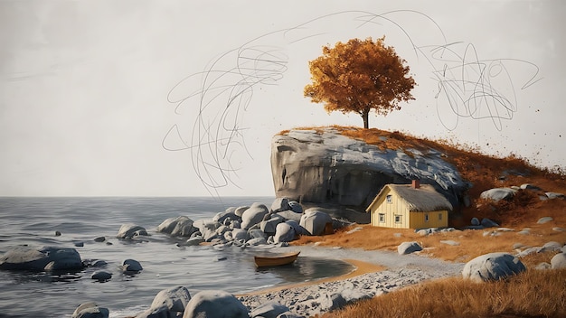 Photo serene autumn coastal cottage scene with rocky cliffs and boats on a tranquil beach