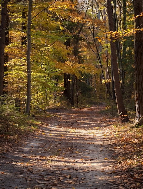 Serene Autumn Forest Path with Golden Foliage