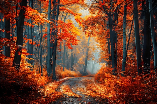 Serene Autumn Forest Pathway A Tranquil Nature Scene Highlighting the Beauty of Changing Seasons in