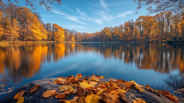 Photo serene autumn lake with vibrant foliage