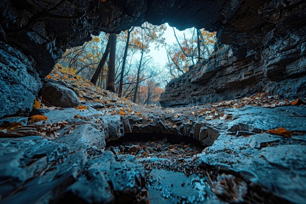 Photo a serene autumn landscape viewed through a natural cave opening with fallen leaves covering