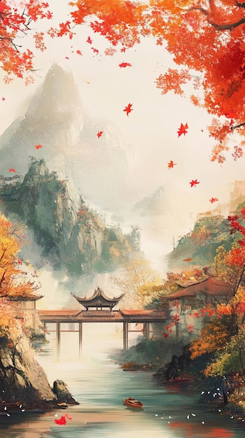 Serene Autumn Landscape with Mountain and Traditional Bridge