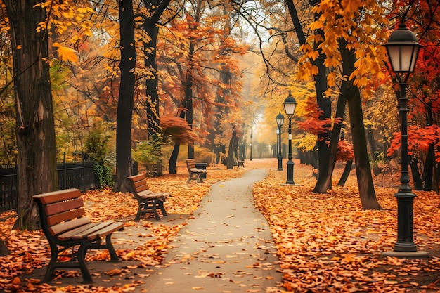 Serene autumn park scene with vibrant fall foliage