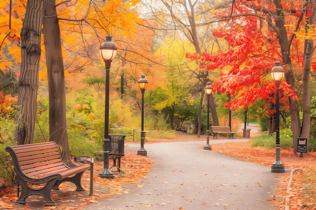 Serene autumn park scene with vibrant fall foliage