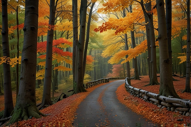 Photo serene autumn pathway vibrant fall foliage and tranquil forest scene