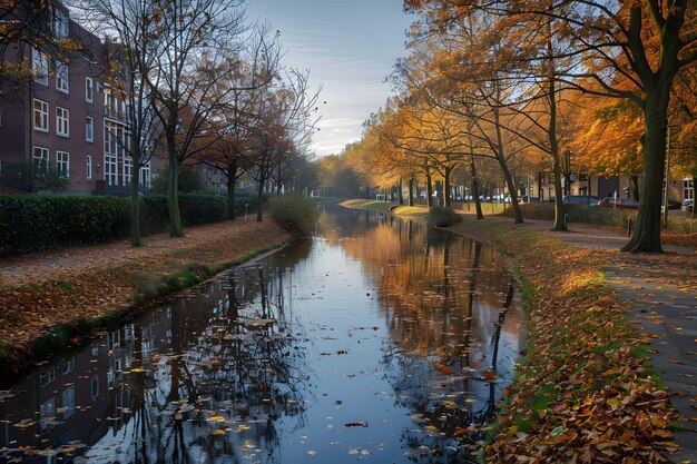 Photo serene autumn reflections along a tranquil canal