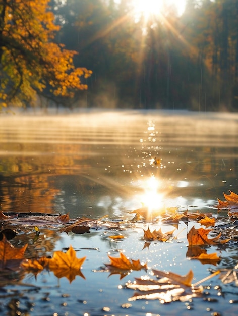 Serene Autumn Reflections Golden Leaves on Tranquil Lake at Sunrise