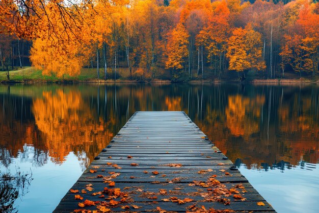 Serene autumn reflections on a tranquil lake with a wooden dock surrounded by colorful trees