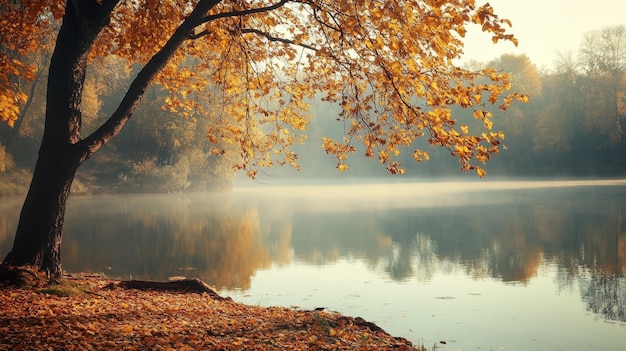 Photo a serene autumn scene with a lone tree with golden leaves overhanging a misty lake symbolizing