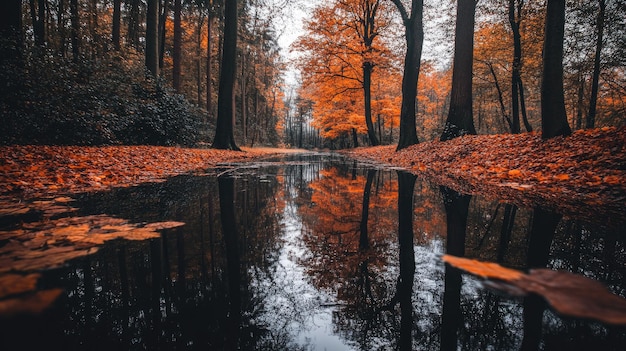 A serene autumn scene with trees reflecting in a calm waterway surrounded by fallen leaves