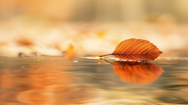 Serene Autumn Single Orange Leaf Floating on Water with Reflection