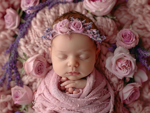 serene baby girl sleeping wrapped in a pink headband amidst a background of flower