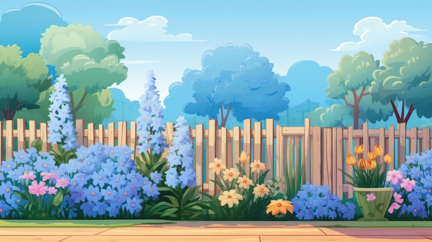 Serene backyard garden with vibrant flowers blue fence and potted plants under clear skies